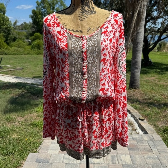 EUC! Really beautiful! Free People Red Bronze Gardenia Shorts Romper Long Sleeve - Picture 2 of 11
